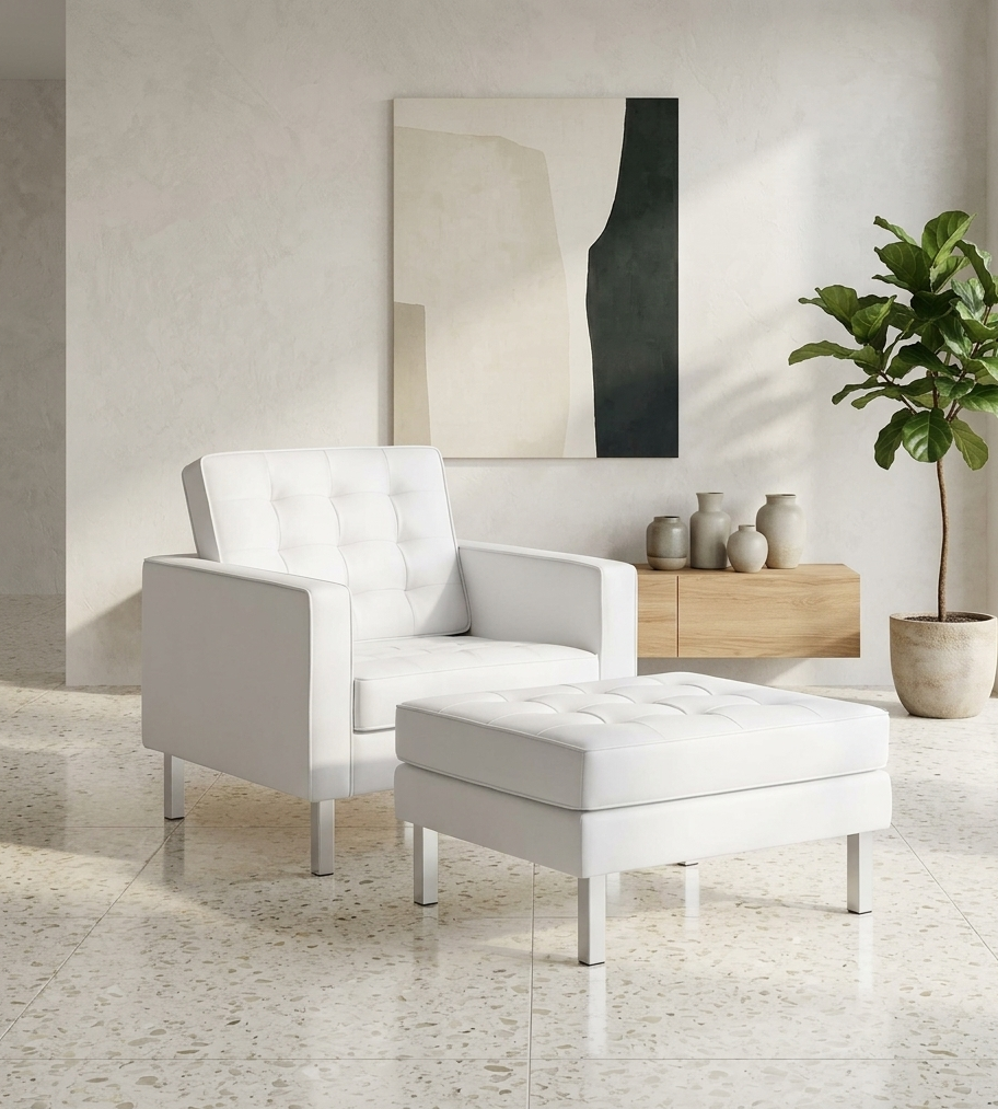 Iona Vegan Leather Armchair and Ottoman Set –  Silver White Denmark Home