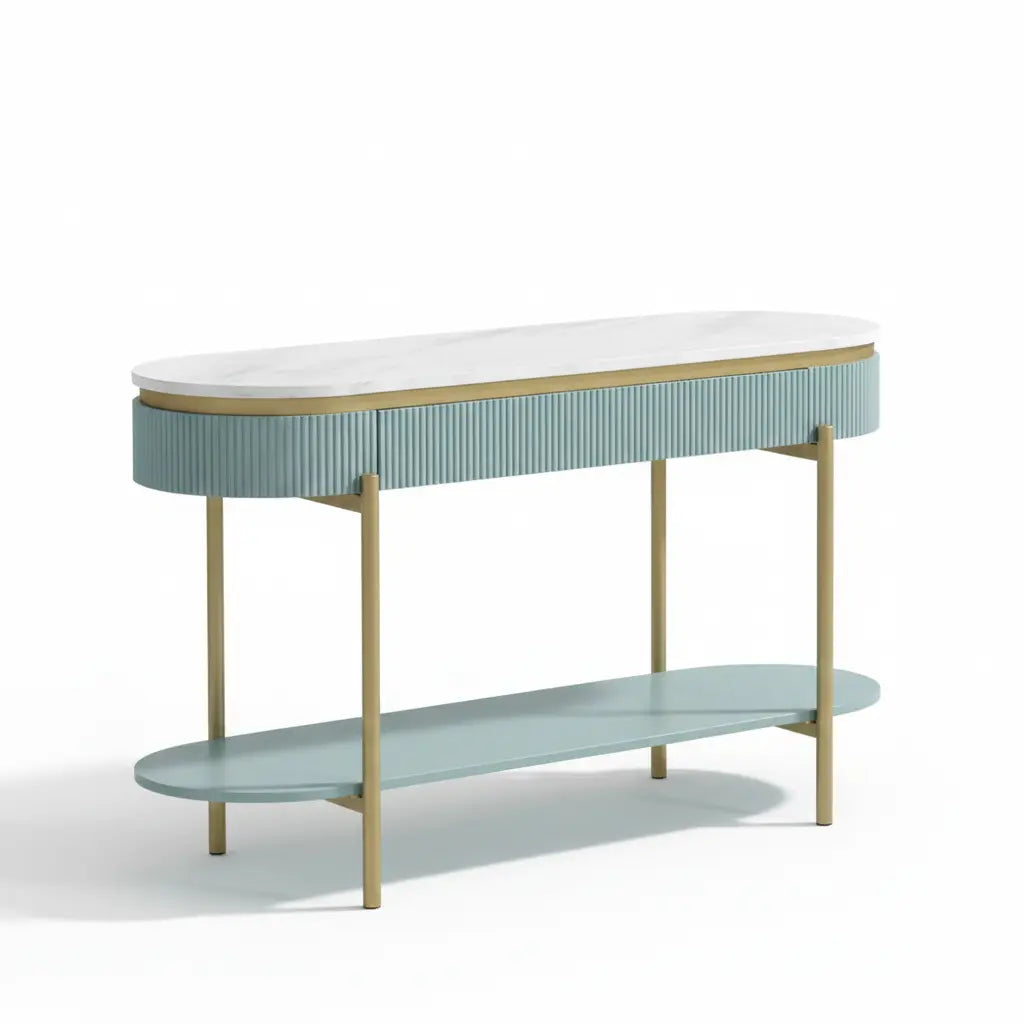 Sia Coffee Table – Light Teal with White Faux Marble Top and Gold Legs Denmark Home