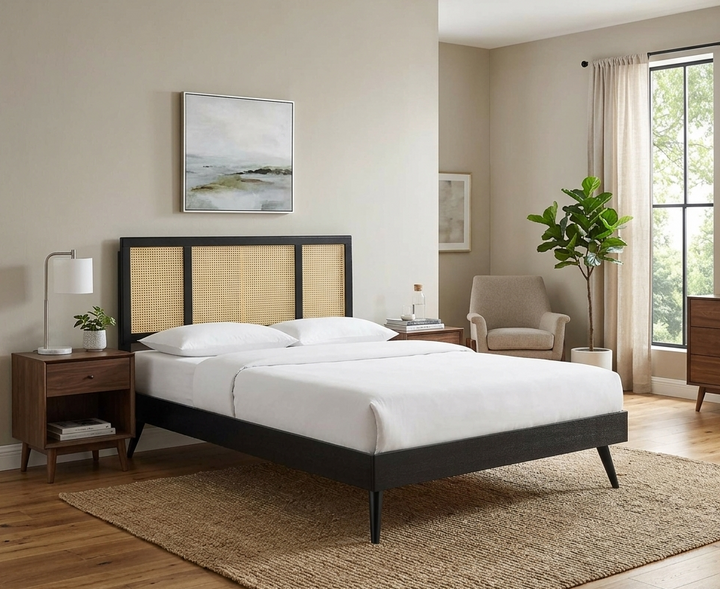 Ribe Woven Cane Rattan King Platform Bed - Black Denmark Home