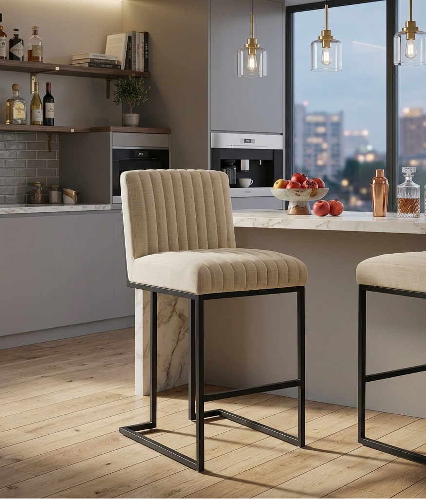 Hush Channel Tufted Fabric Counter Stool - Beige Denmark Home