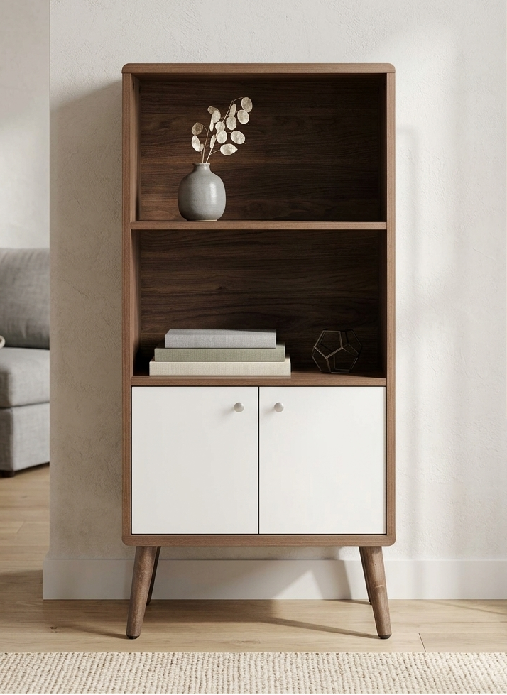 Koru Bookcase with Cabinet Storage - Walnut White Denmark Home