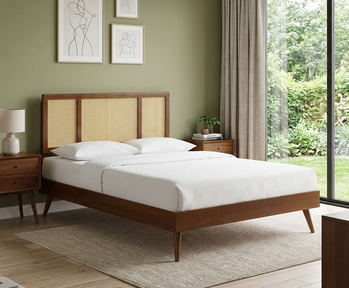 Ribe Woven Cane Rattan King Platform Bed - Walnut Denmark Home