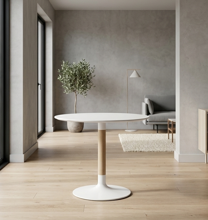 Dawn Round Dining Table – Matte Finish with Birchwood Pedestal Base 40" Denmark Home