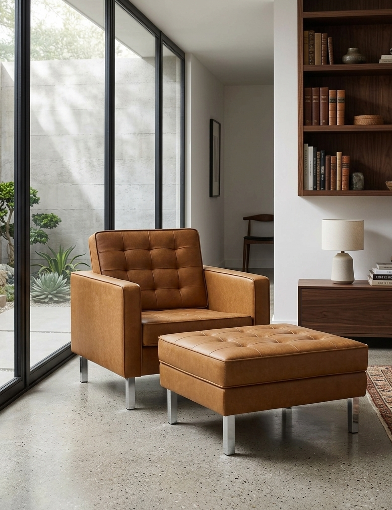 Iona Vegan Leather Armchair and Ottoman Set –  Silver Tan Denmark Home