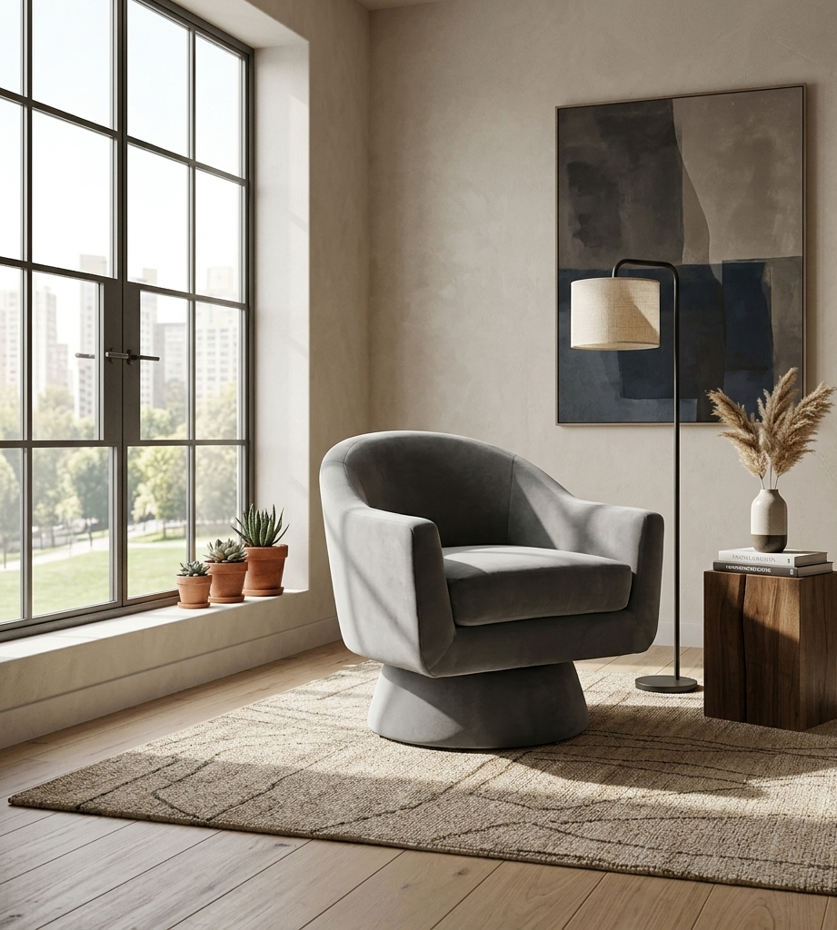 Seveno Performance Velvet Swivel Accent Chair – Grey Denmark Home