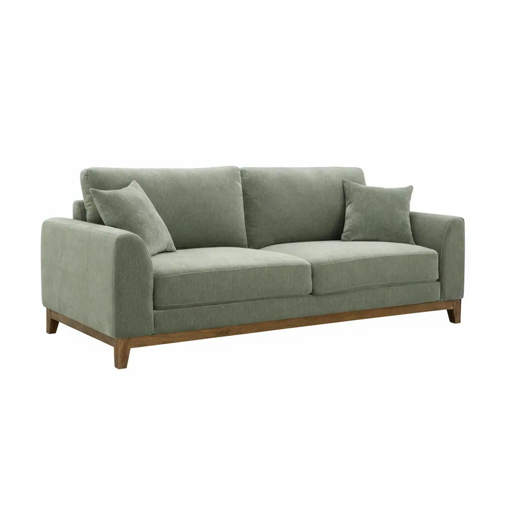 Aaro Sofa – Olive Green Chenille with Walnut Trim and Soft Track Arms Denmark Home