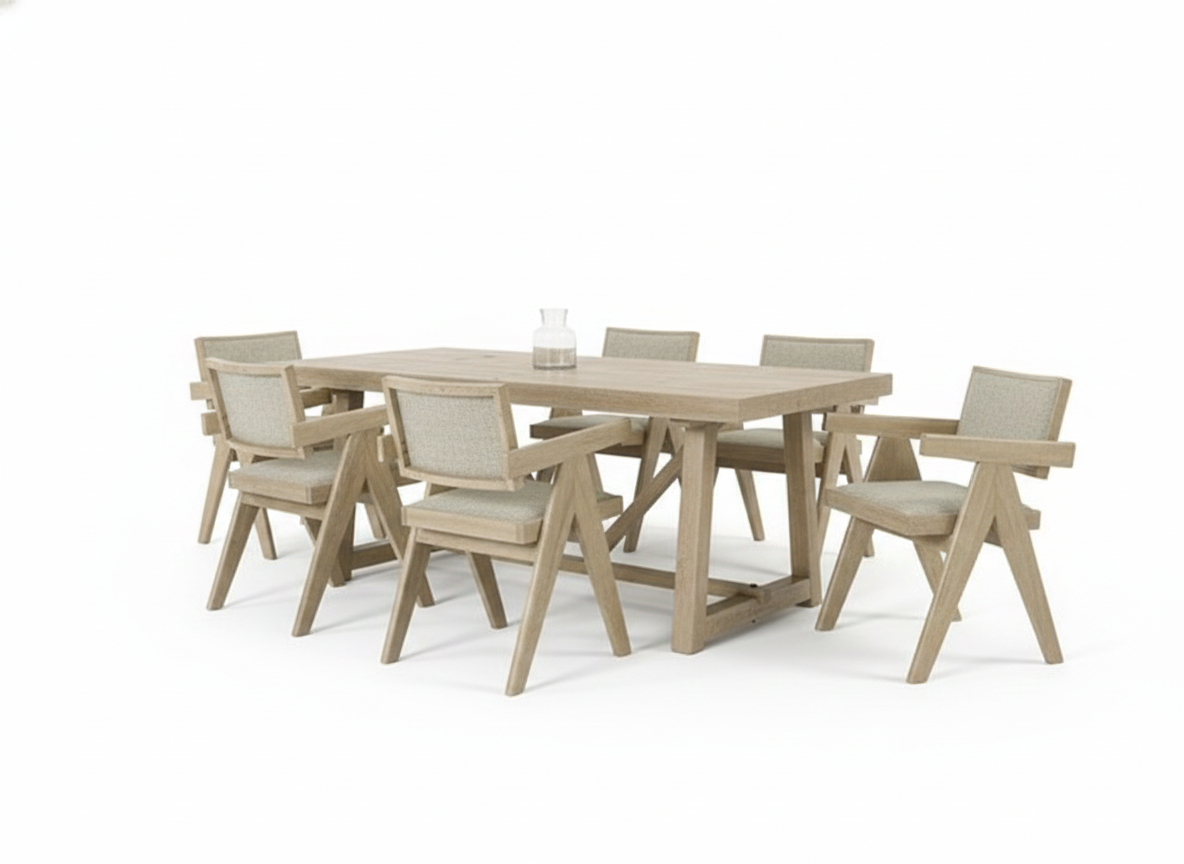 Loken 7-Piece Dining Table Set – Oak Trestle Base with Upholstered Chairs