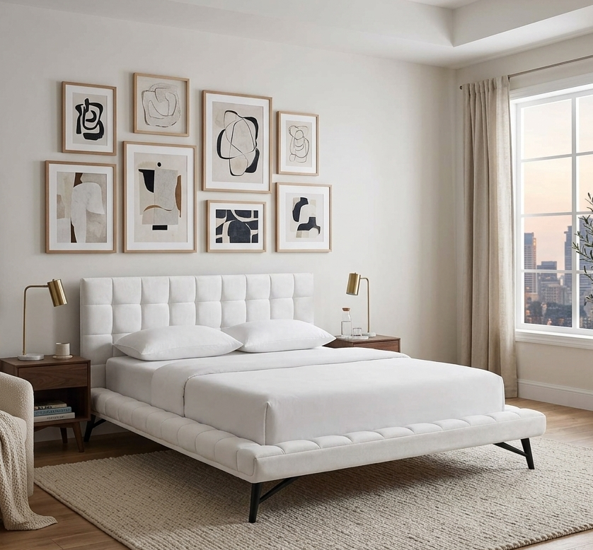Lysandra Performance Velvet Queen Platform Bed - White Denmark Home