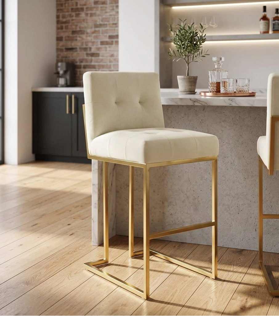 Valénza Gold Stainless Steel Performance Velvet Bar Stool - Gold Ivory Denmark Home