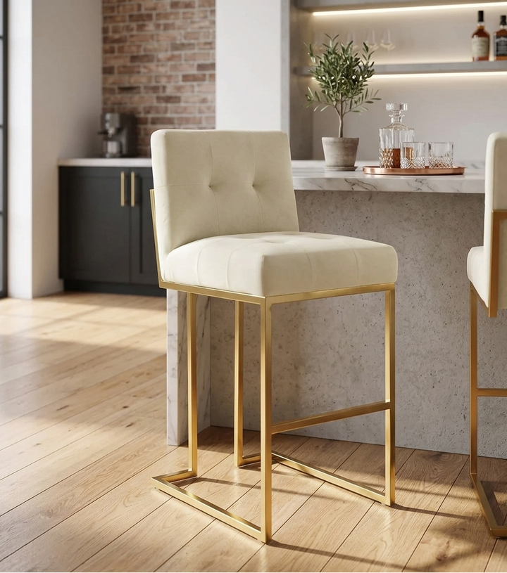Valénza Gold Stainless Steel Performance Velvet Bar Stool - Gold Ivory Denmark Home