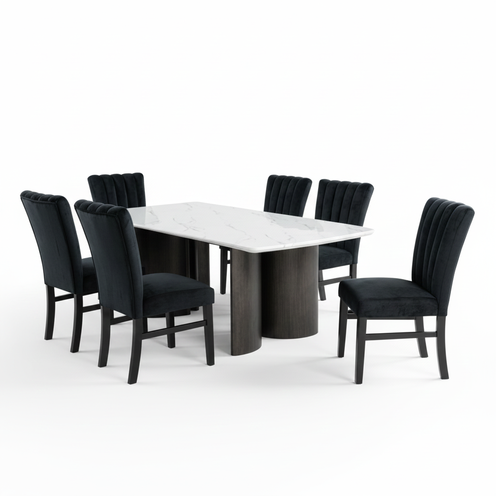 Vigor 7-Piece Dining Table Set – White Faux Marble with Channel-Tufted Chairs