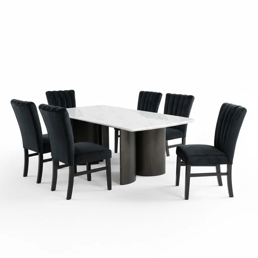 Vigor 7-Piece Dining Table Set – White Faux Marble with Channel-Tufted Chairs Denmark Home