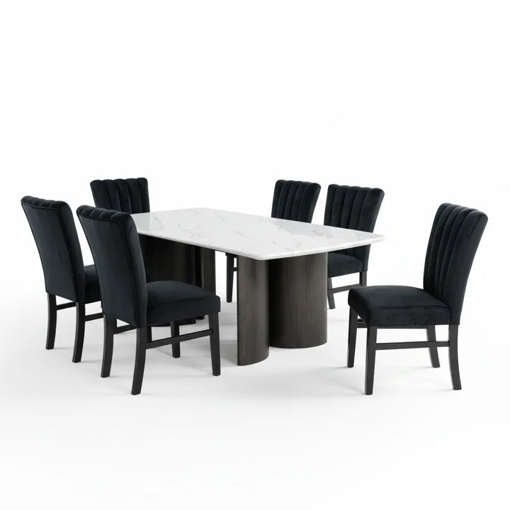 Vigor 7-Piece Dining Table Set – White Faux Marble with Channel-Tufted Chairs Denmark Home