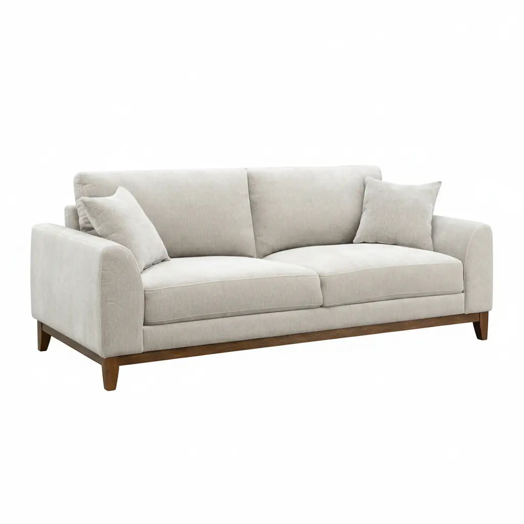 Aaro Sofa – Light Gray Chenille with Walnut Trim and Soft Track Arms Denmark Home