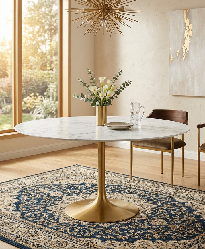 Novara Round Faux Marble Dining Table 54" - Gold White Denmark Home
