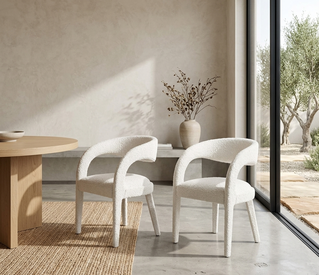 Flat Boucle Upholstered Dining Chair Set - Ivory Denmark Home