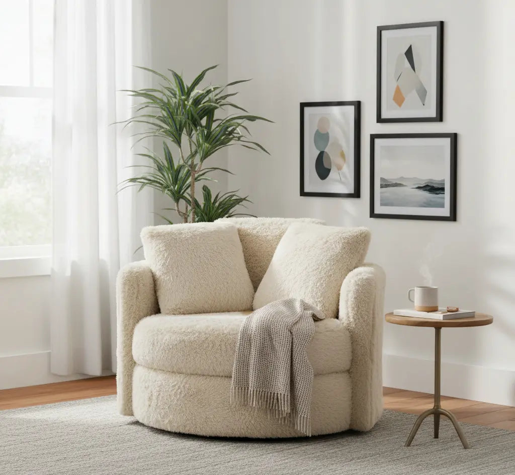 Lysa Swivel Lounge Chair – Faux Fur Cream / Beige Denmark Home