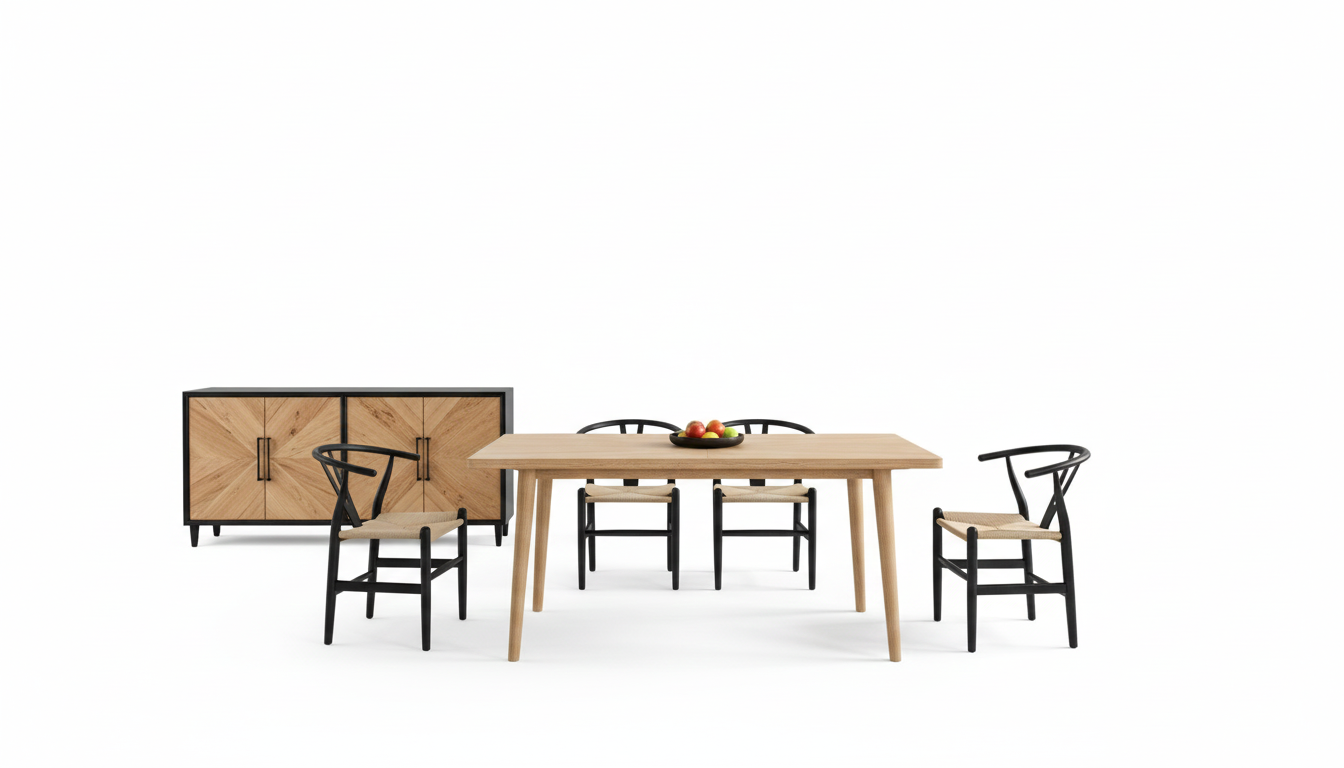 Skara 7-Piece Dining Table Set – Natural Wood with Black Wishbone Chairs