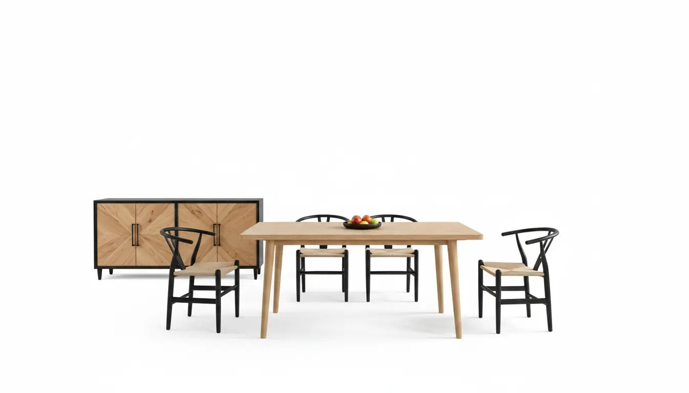 Skara 7-Piece Dining Table Set – Natural Wood with Black Wishbone Chairs Denmark Home