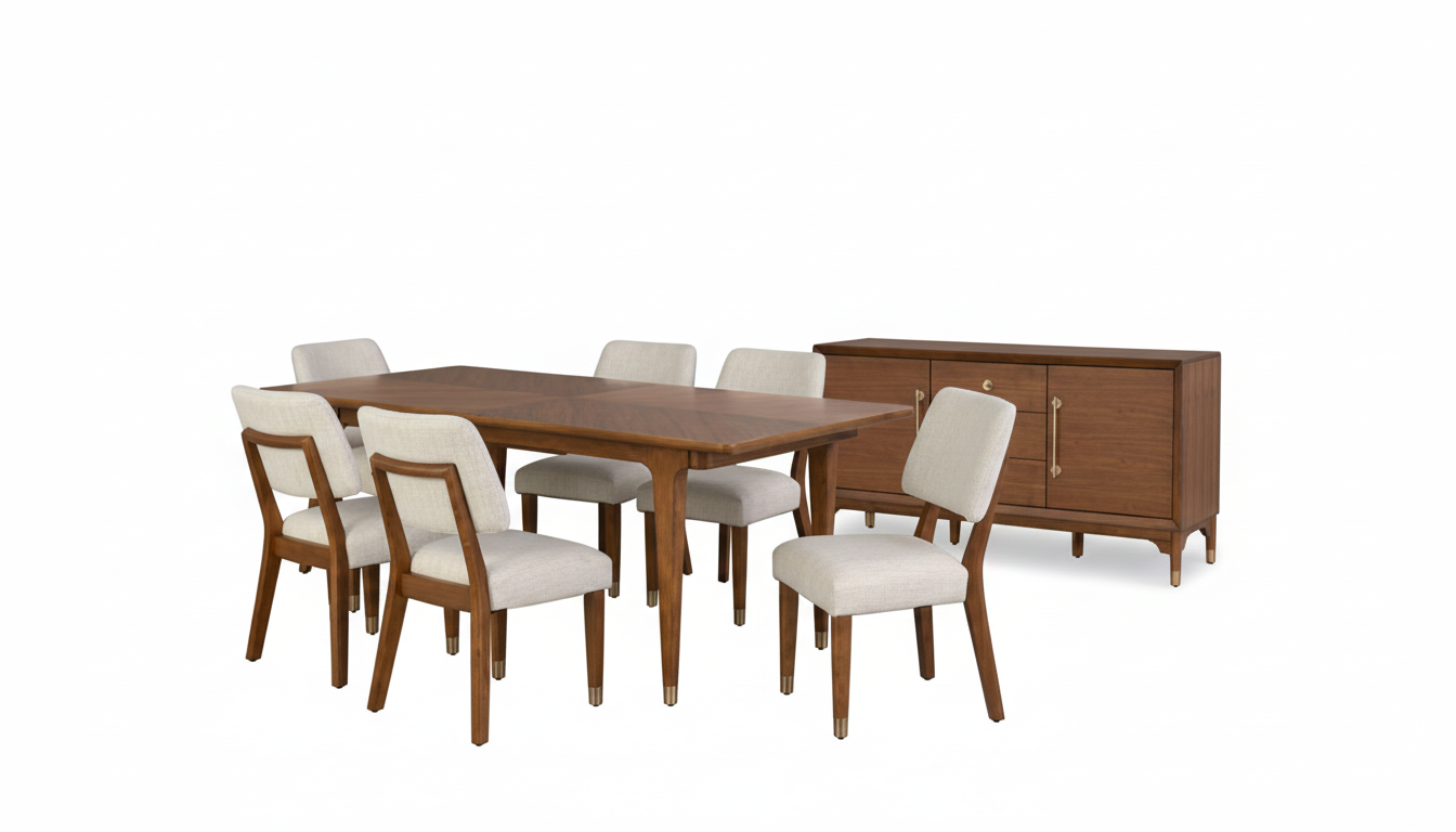 Riven Dining Table – Walnut with Gold-Capped Legs