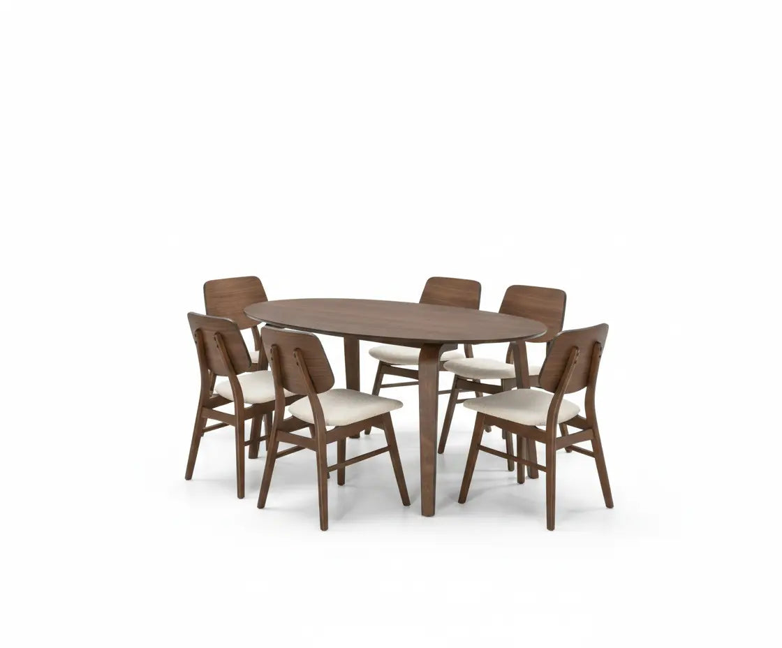 Svela Dining Table – Walnut Top with Curved Panel Back Chairs Denmark Home