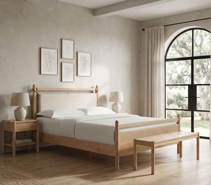 Skeppar Solid Wood Queen Platform Bed  - Light Oak Heathered Ivory Denmark Home