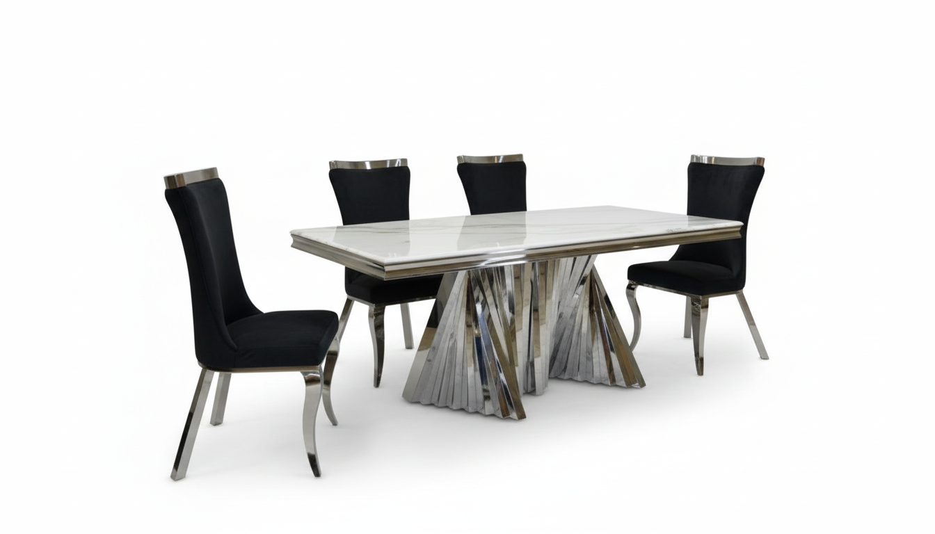 Talon Dining Table – Chrome Sintered Stone with Sculptural Saber Base