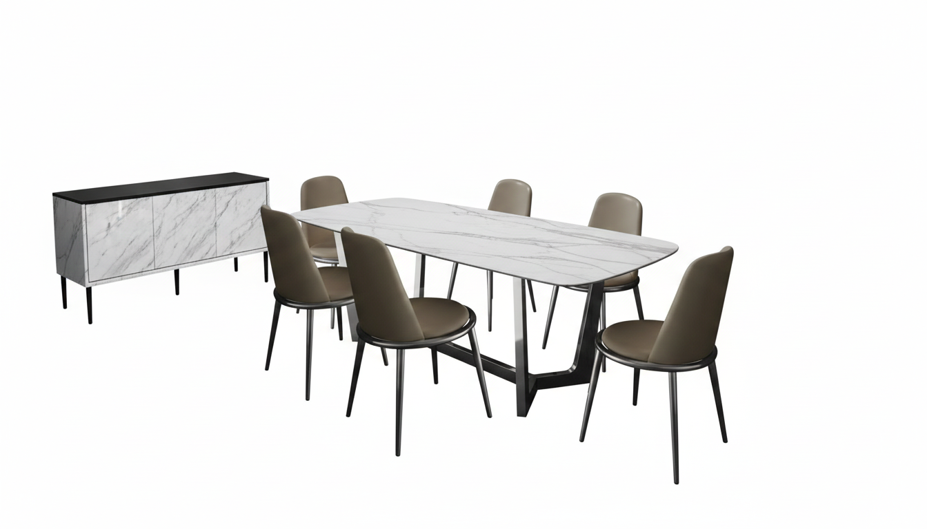 Verna 7-Piece Dining Set – Silver & White Ceramic