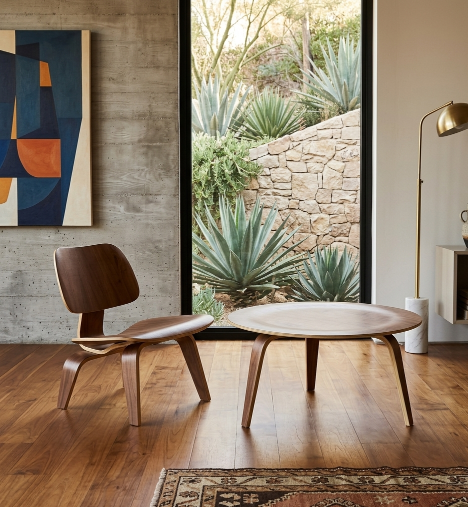 Kavora Molded Plywood Coffee Table and Lounge Chair Set  - Walnut Denmark Home