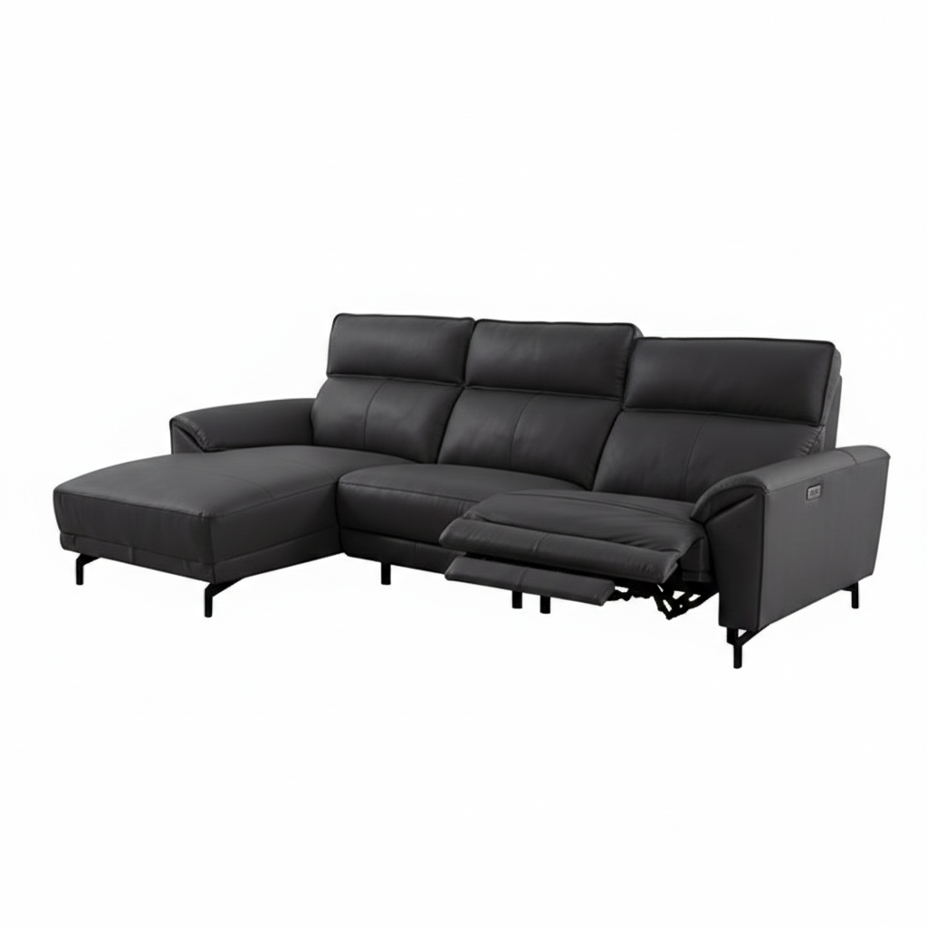 Cora Power Sectional – Left Chaise, Black Top Grain Leather