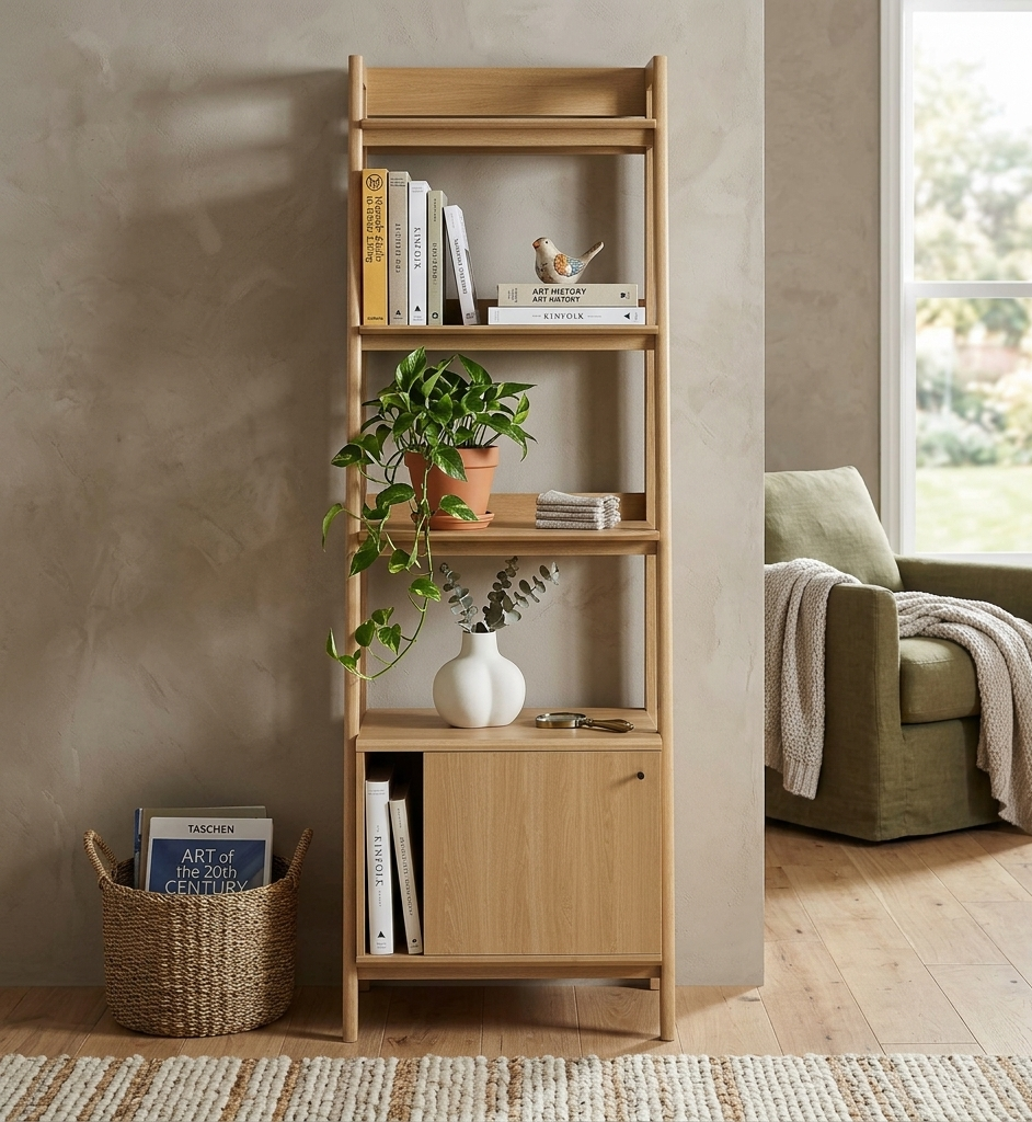 Teak Tiered Bookshelf with Concealed Storage - Oak Denmark Home