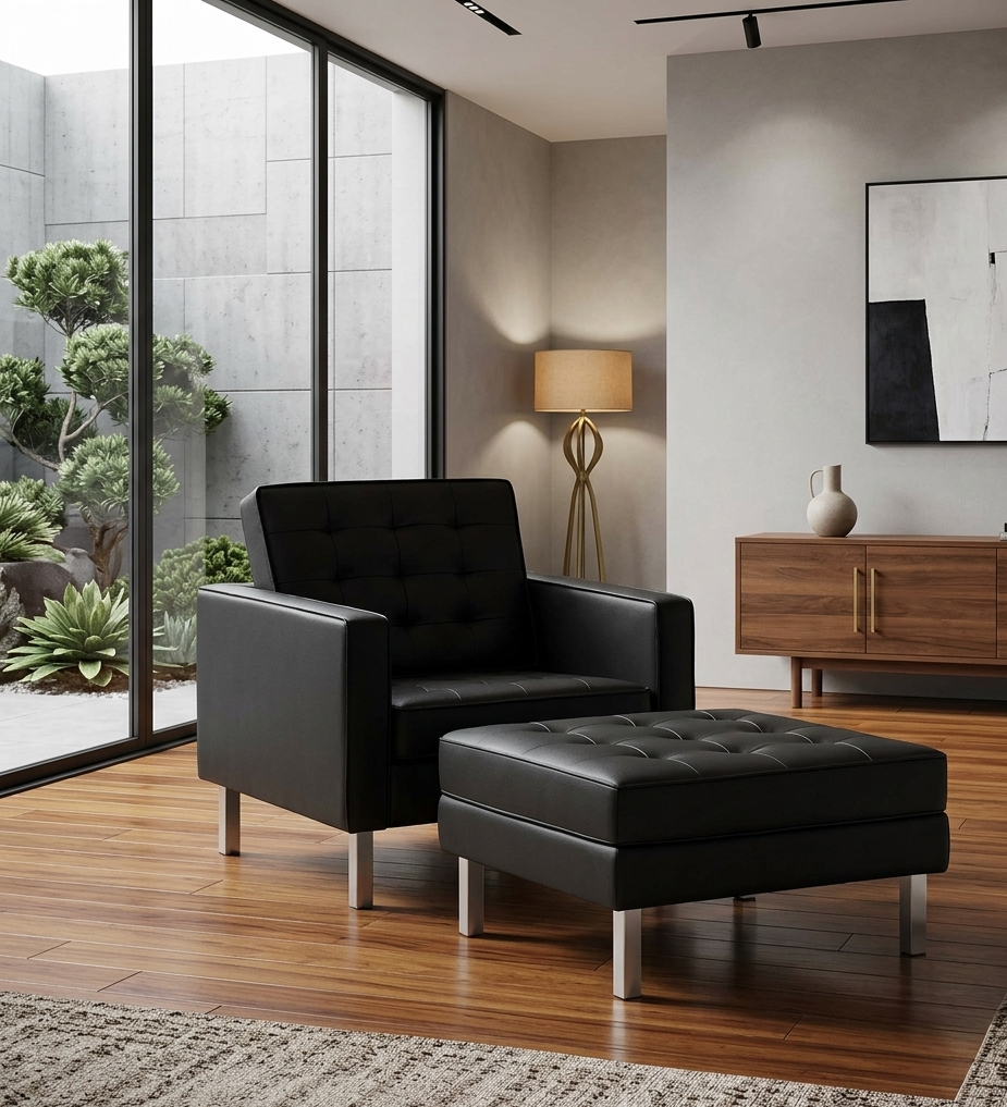 Iona Vegan Leather Armchair and Ottoman Set –  Silver Black Denmark Home