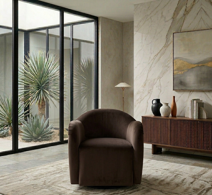 Varelle Velvet Swivel Accent Chair-Chocolate Brown Denmark Home