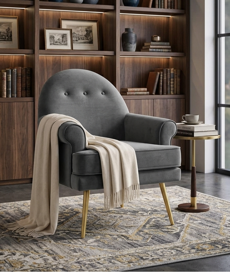 Aurelis Velvet Tufted Accent Armchair – Gray Denmark Home