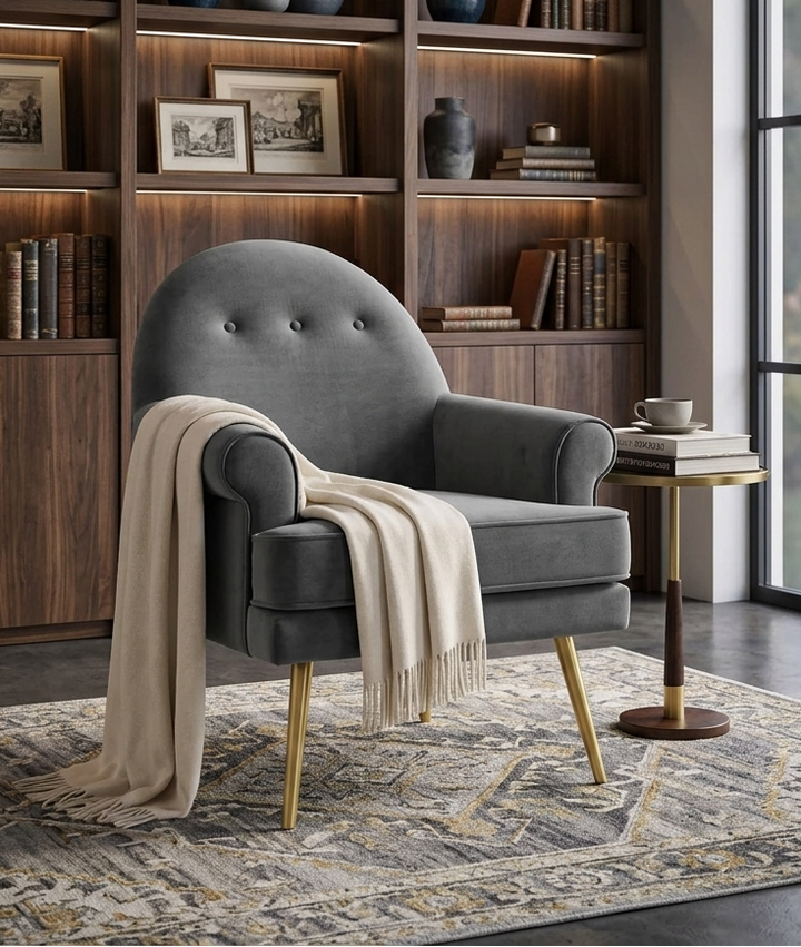 Aurelis Velvet Tufted Accent Armchair – Gray Denmark Home