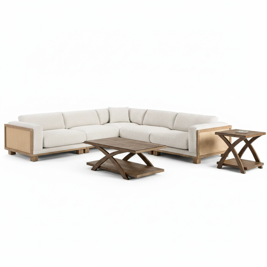 Elda Corner Sectional – Contemporary Beige with Rattan Details