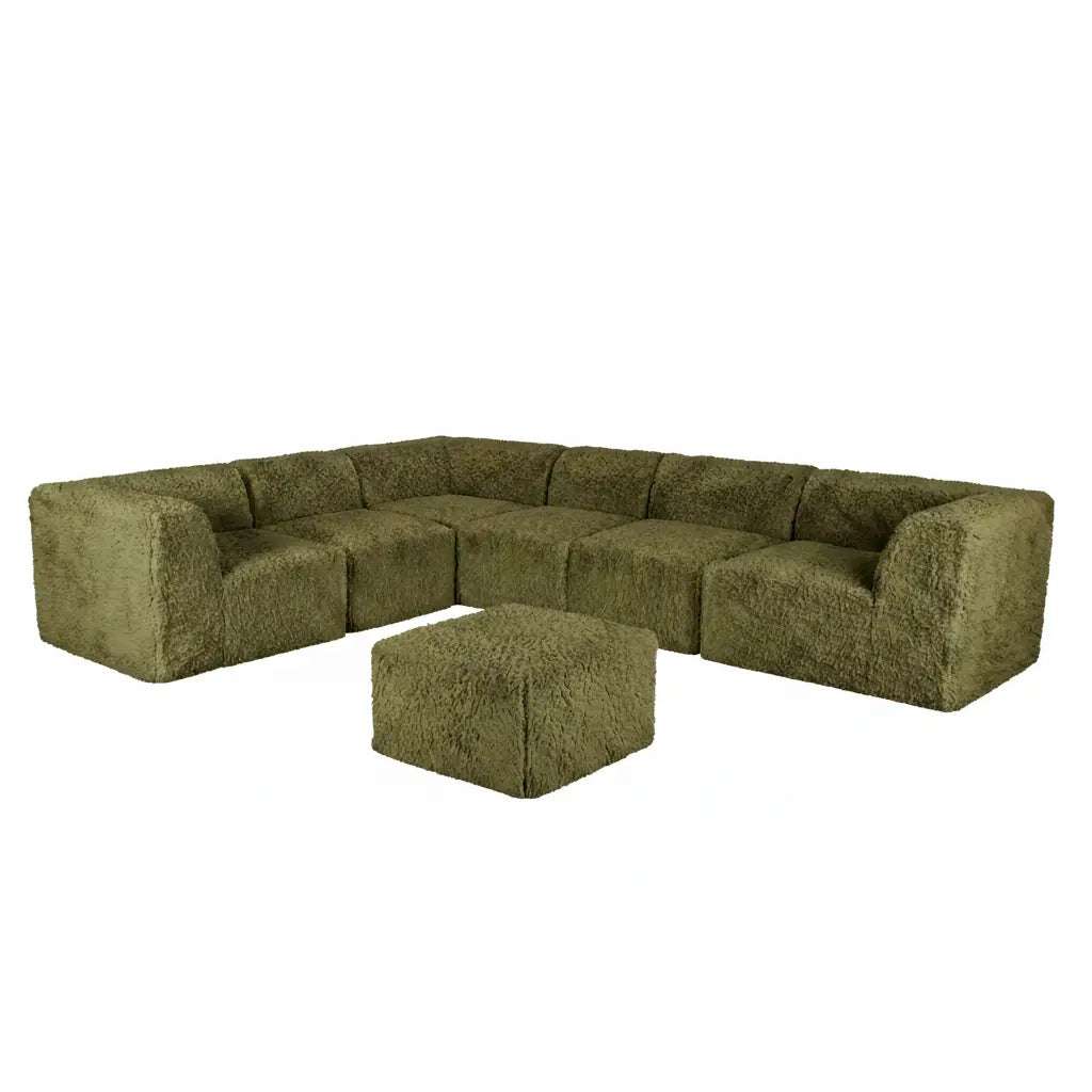Riff Large L-Sectional Sofa with Ottoman – Olive Green Faux Fur Denmark Home