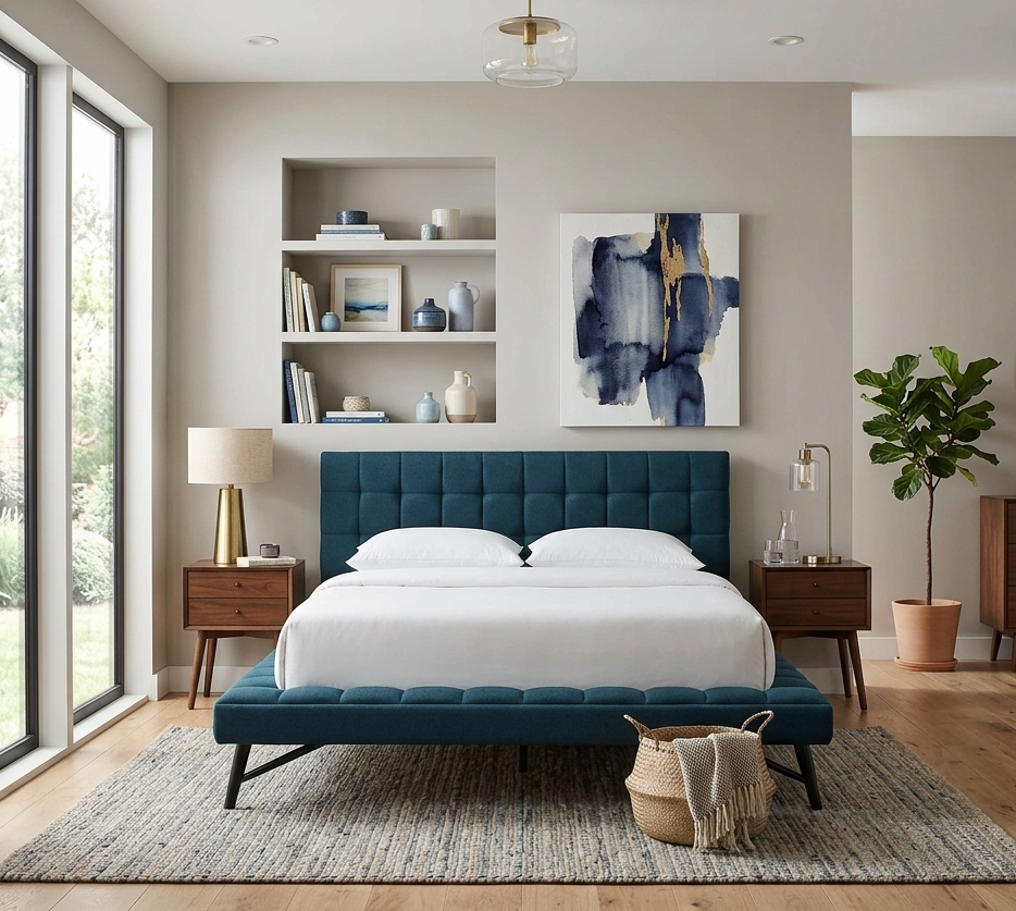 Lysandra Performance Velvet Queen Platform Bed - Blue Denmark Home