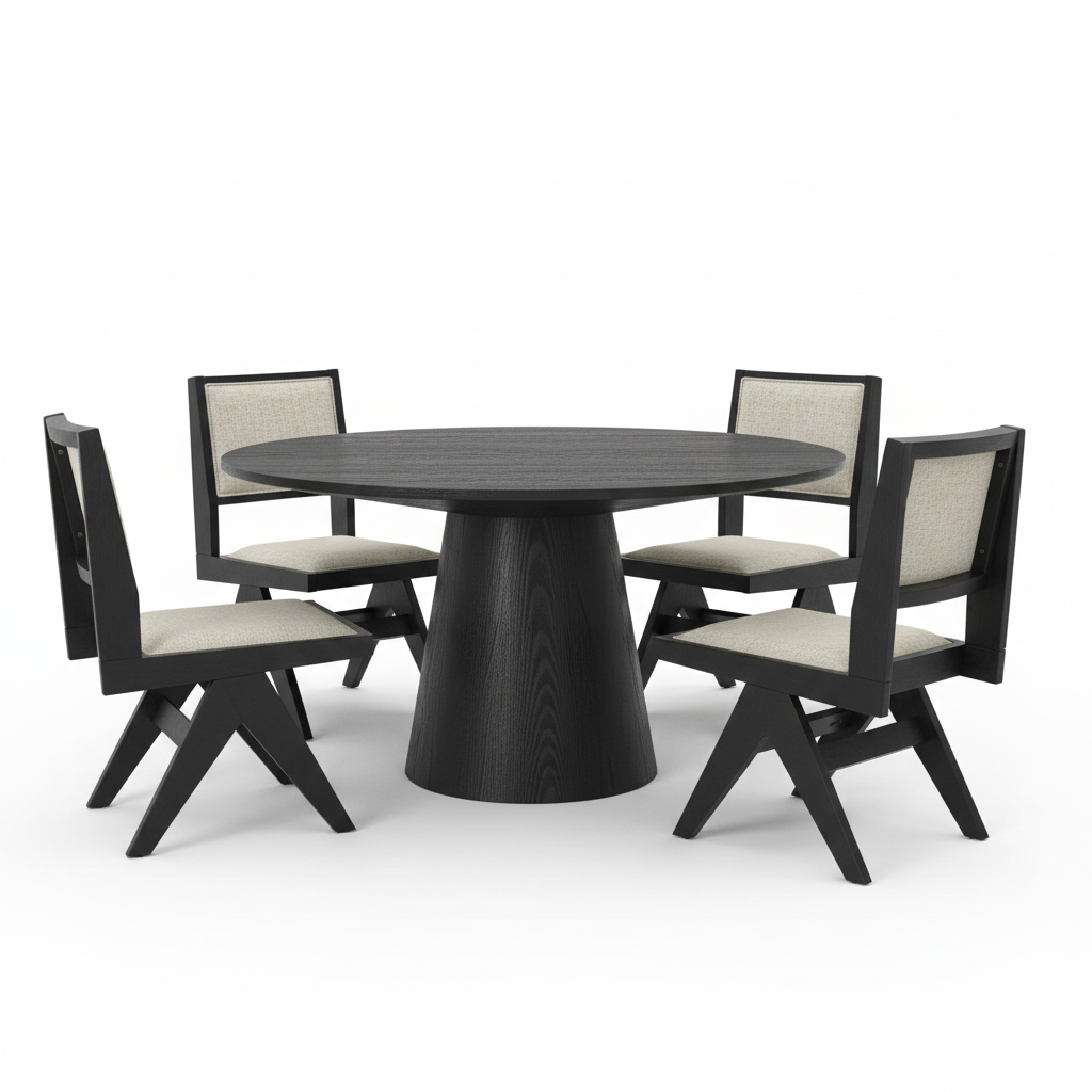 Forma 5-Piece Dining Table Set – Black Pedestal Base with Light Gray Chairs