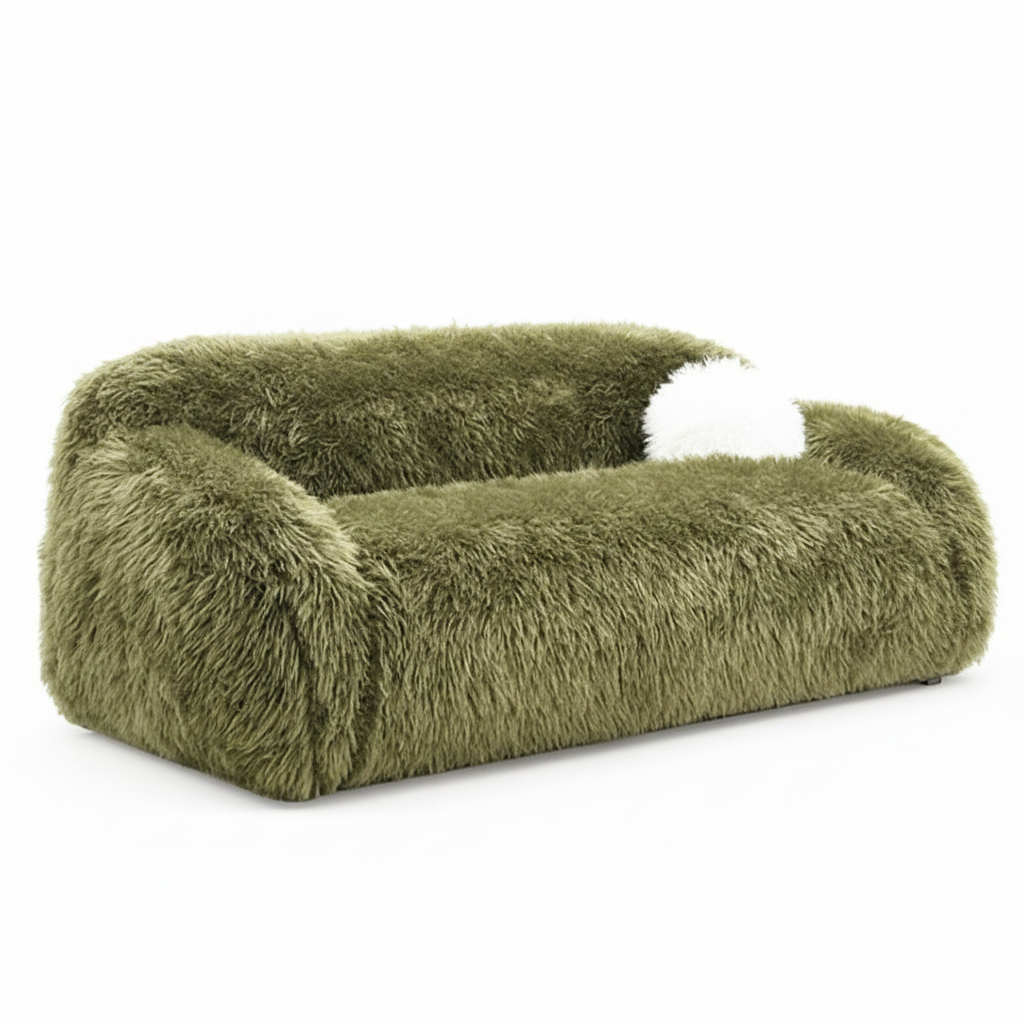 Estella Sofa – Green Faux Fur with Plush Shaggy Texture