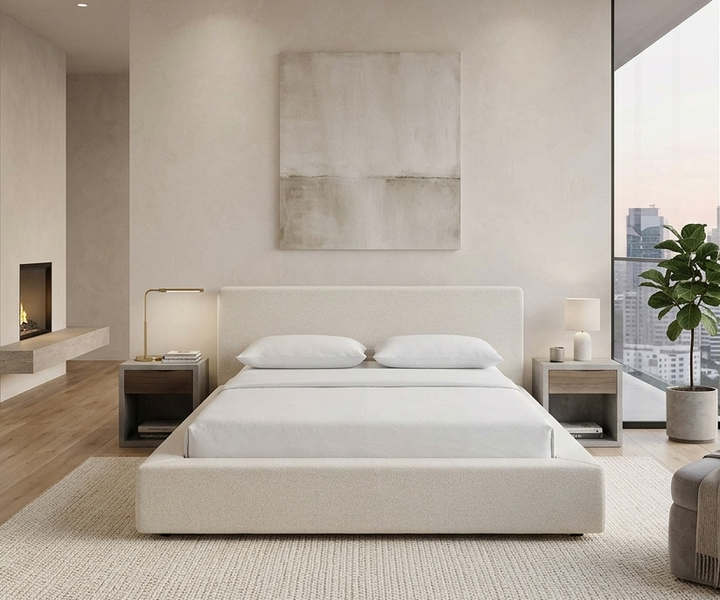 Siljan Chenille Queen Platform Bed - Ivory Denmark Home