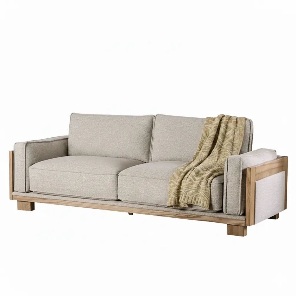 Holm Contemporary Sofa – Light Brown Fabric with Ash Wood Trim Denmark Home