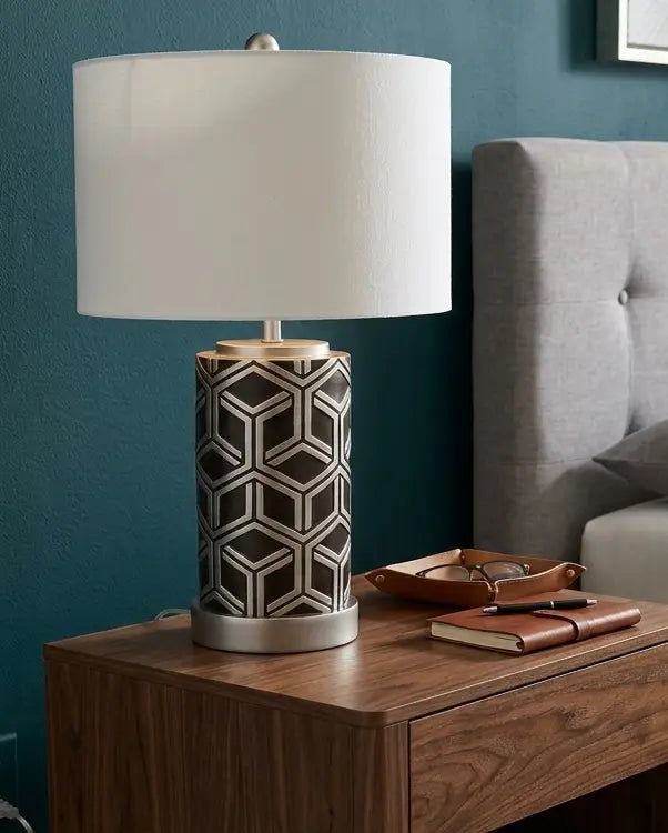 Rasken Table Lamp – Silver Polyresin with Ivory Shade Denmark Home