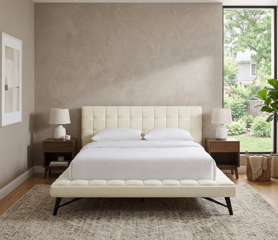 Lysandra Performance Velvet Queen Platform Bed - Ivory Denmark Home