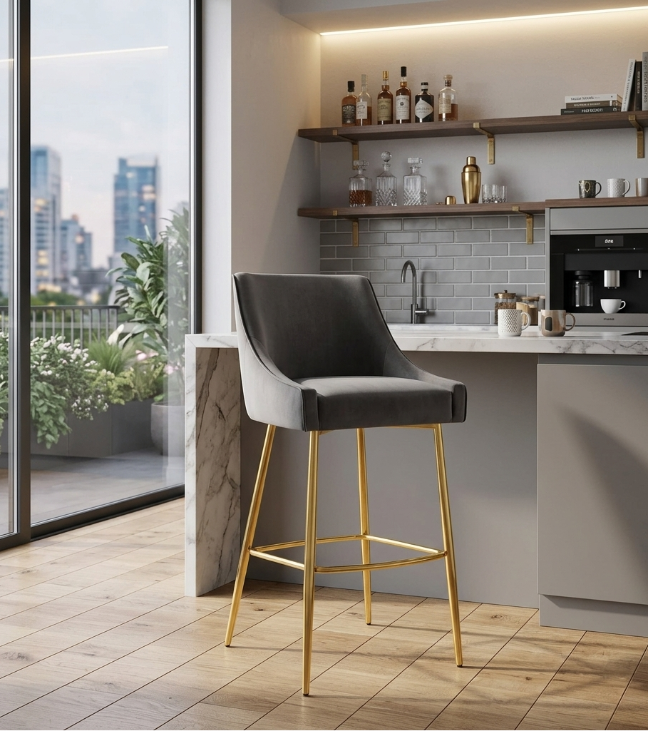 Swoop Performance Velvet Bar Stool - Gray Denmark Home