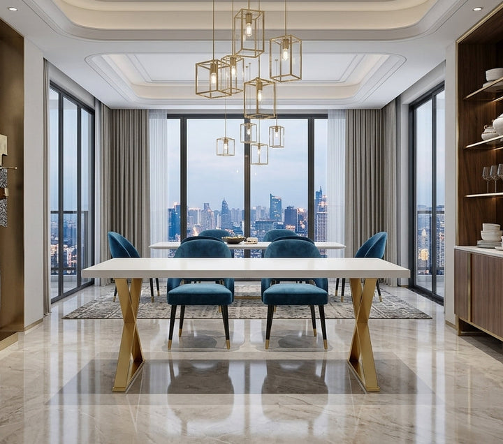 Float Rectangle Dining Table – High Gloss White with Gold X-Base 86.5" Denmark Home