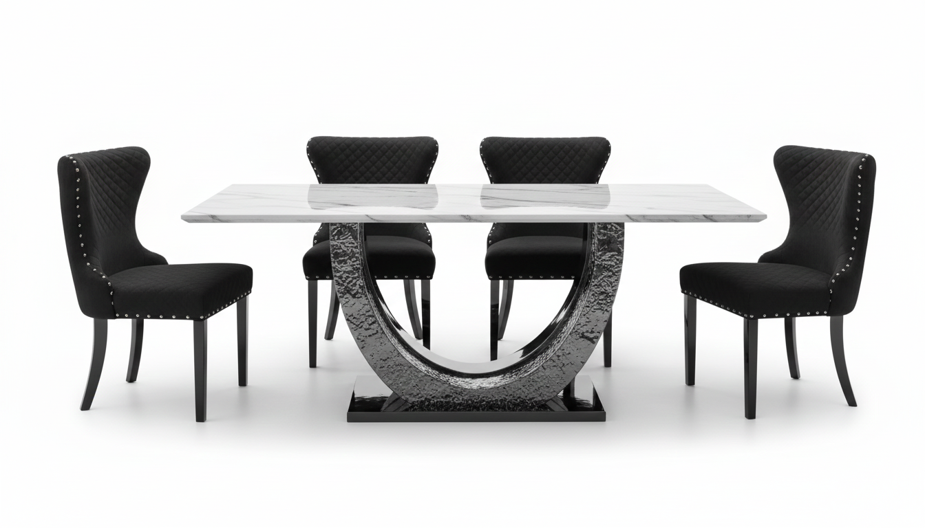 Kade Dining Table – Chrome Sintered Stone with Horseshoe Pedestal Base