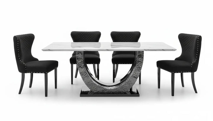 Kade Dining Table – Chrome Sintered Stone with Horseshoe Pedestal Base Denmark Home