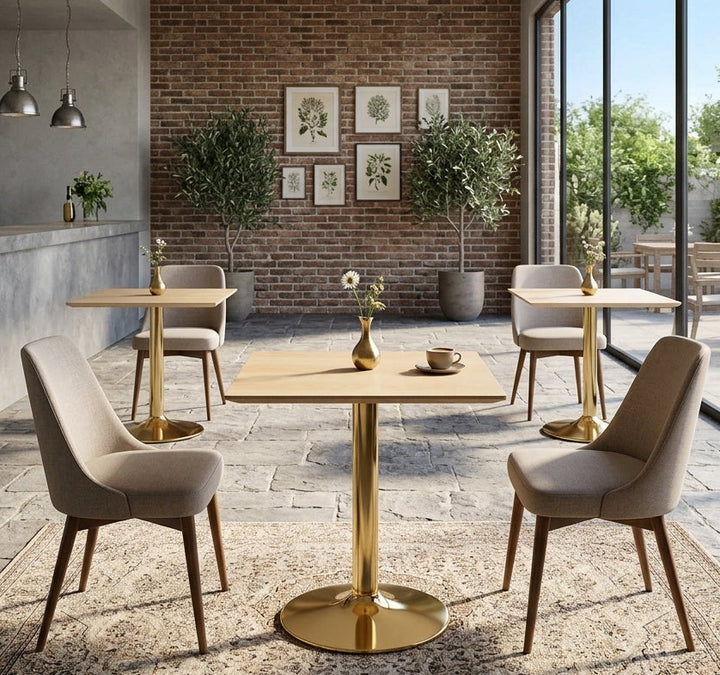 Crest Square Dining Table – Wood Grain Top with Gold Pedestal Base 24" Denmark Home
