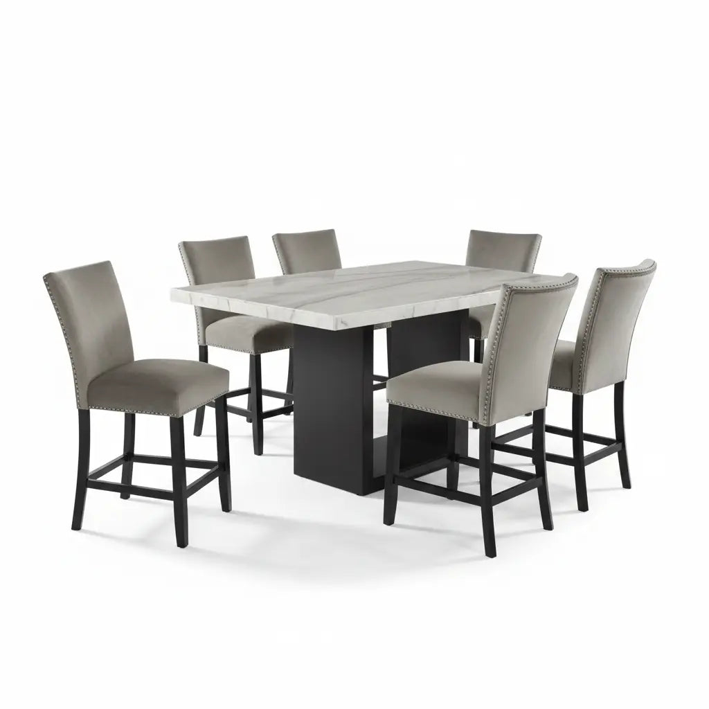 Styrk 7-Piece Counter-Height Dining Set – White & Black Marble Denmark Home